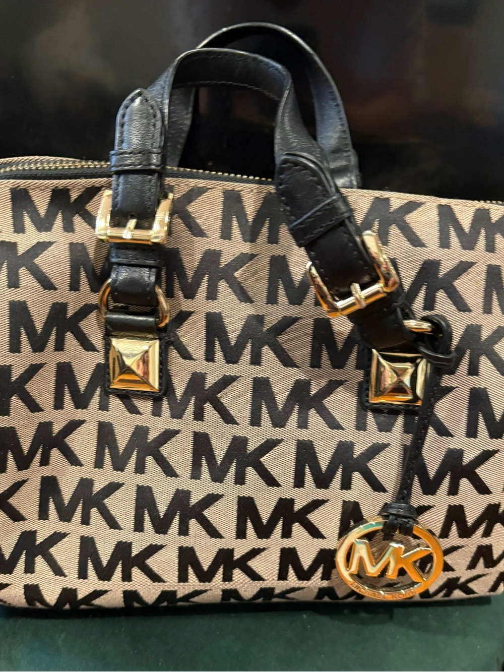 Michael Kors Black & Beige MK Monogram Tote with Gold Charm